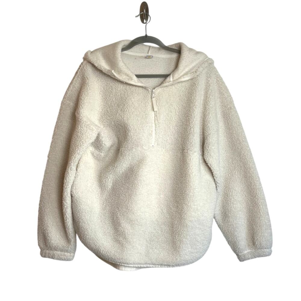 Old Navy Womens Sherpa Fleece Quarter Zip Tunic Hoodie Size M Cream Oversized